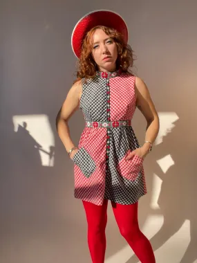 1960s Mini Dress Gingham Two Tone Color Block S P