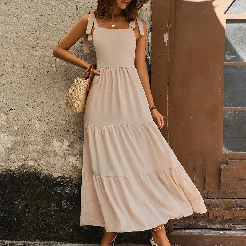 2024 Summer Solid Ruffle BackLess Strappy Cami Dress