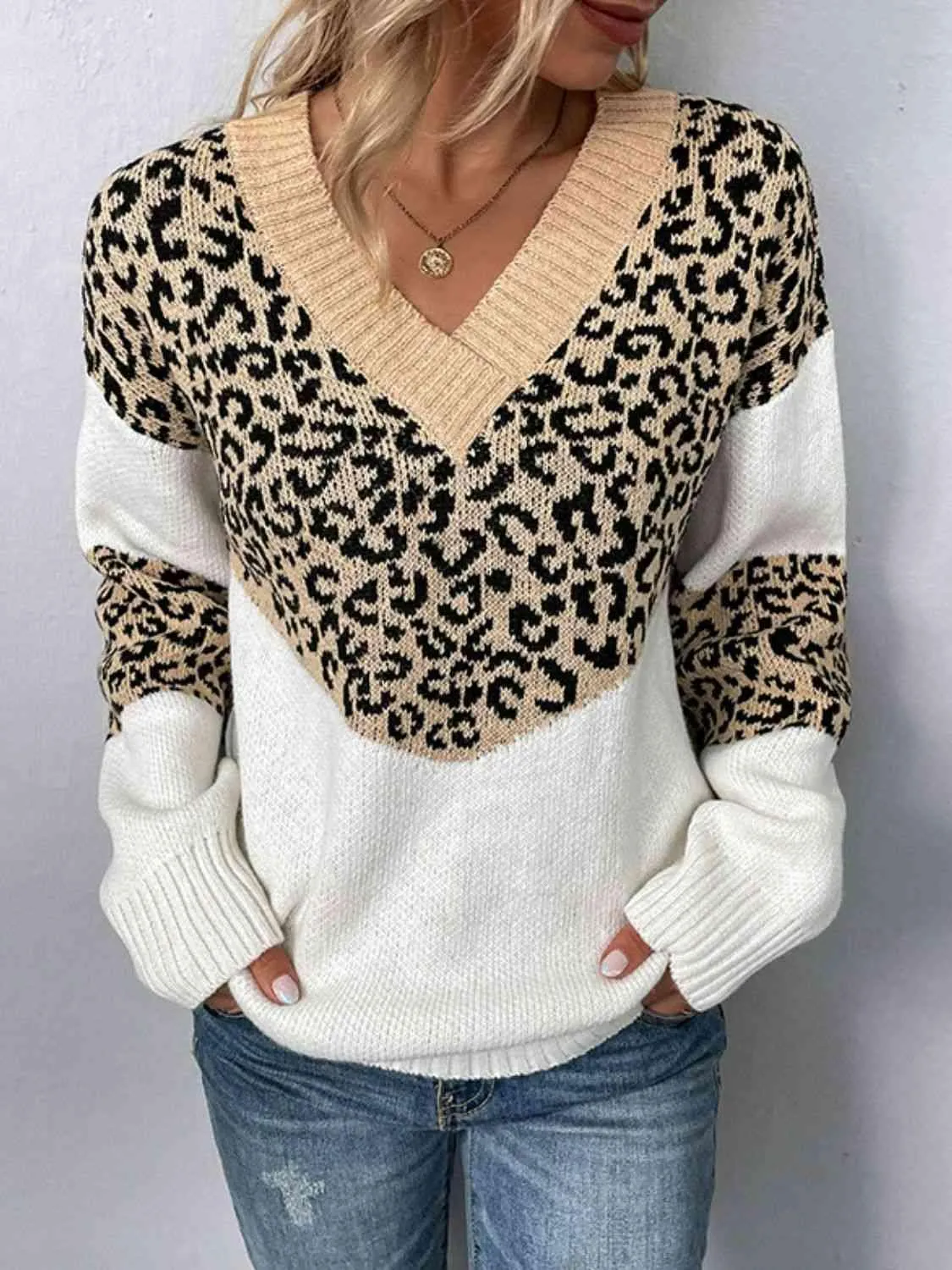 Aggressive Warmth V-Neck Leopard Print Sweater