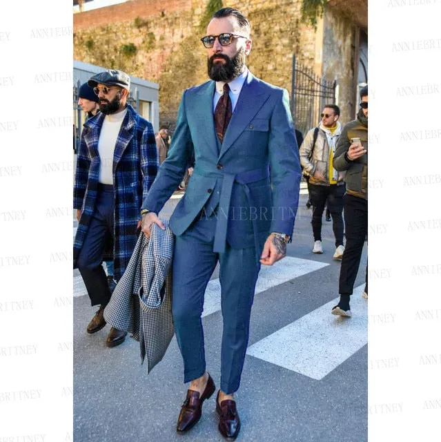 Aidase Latest Designs Green Suits For Men Slim Fit Fashion Yellow Groom Belt Wedding Dress Tuxedo Tailored Blazer Vest with Pants Set