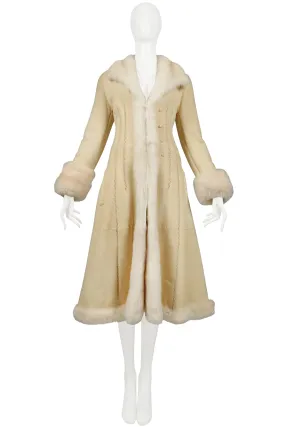 ALEXANDER MCQUEEN OFF WHITE SUEDE COAT WITH SHEARLING INTERIOR