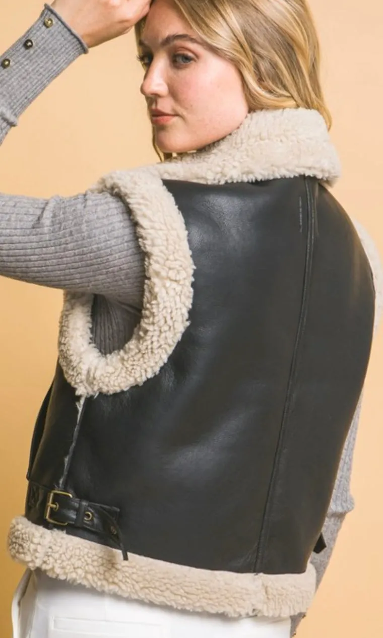 Avesa Black Vegan Leather Shearling Side Pocket Vest Jacket