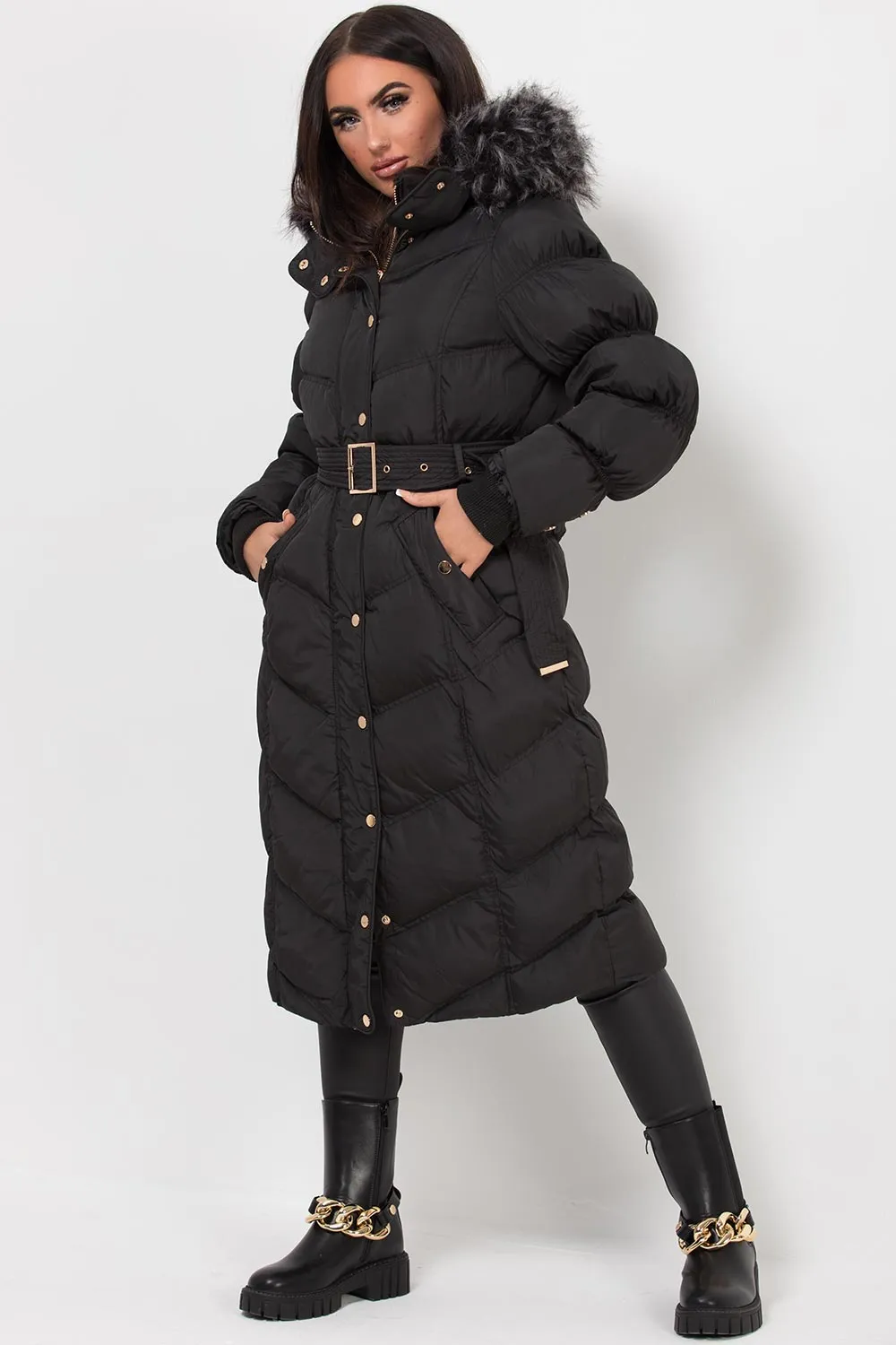Black Long Puffer Coat With Fur Hood And Belt