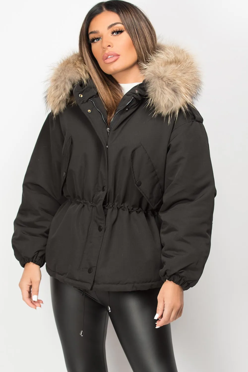 Black Natural Fur Hooded Parka Coat