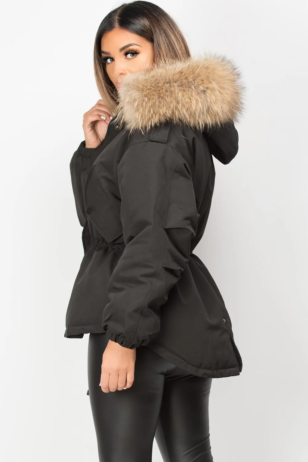 Black Natural Fur Hooded Parka Coat