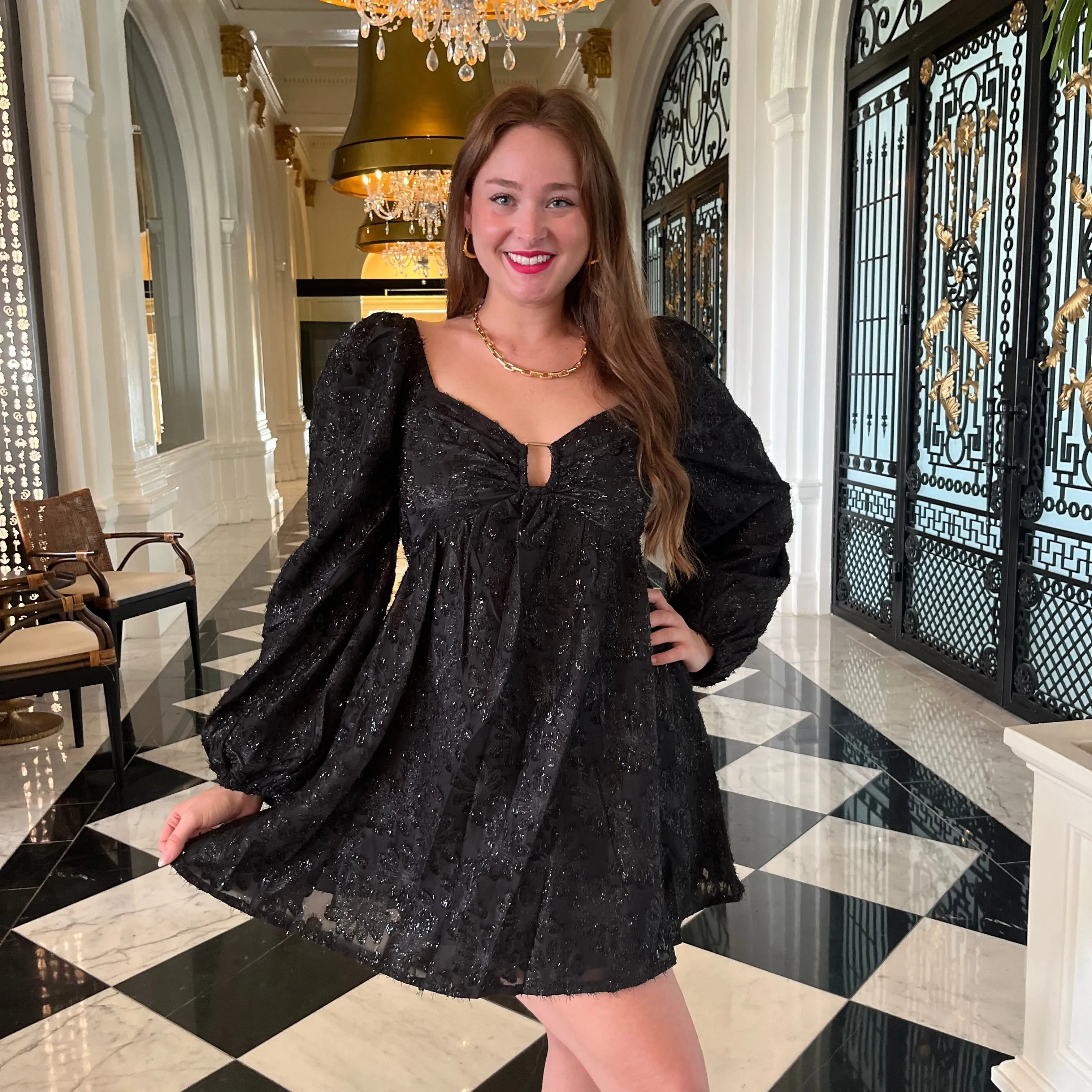 Black Textured Chiffon Babydoll Dress