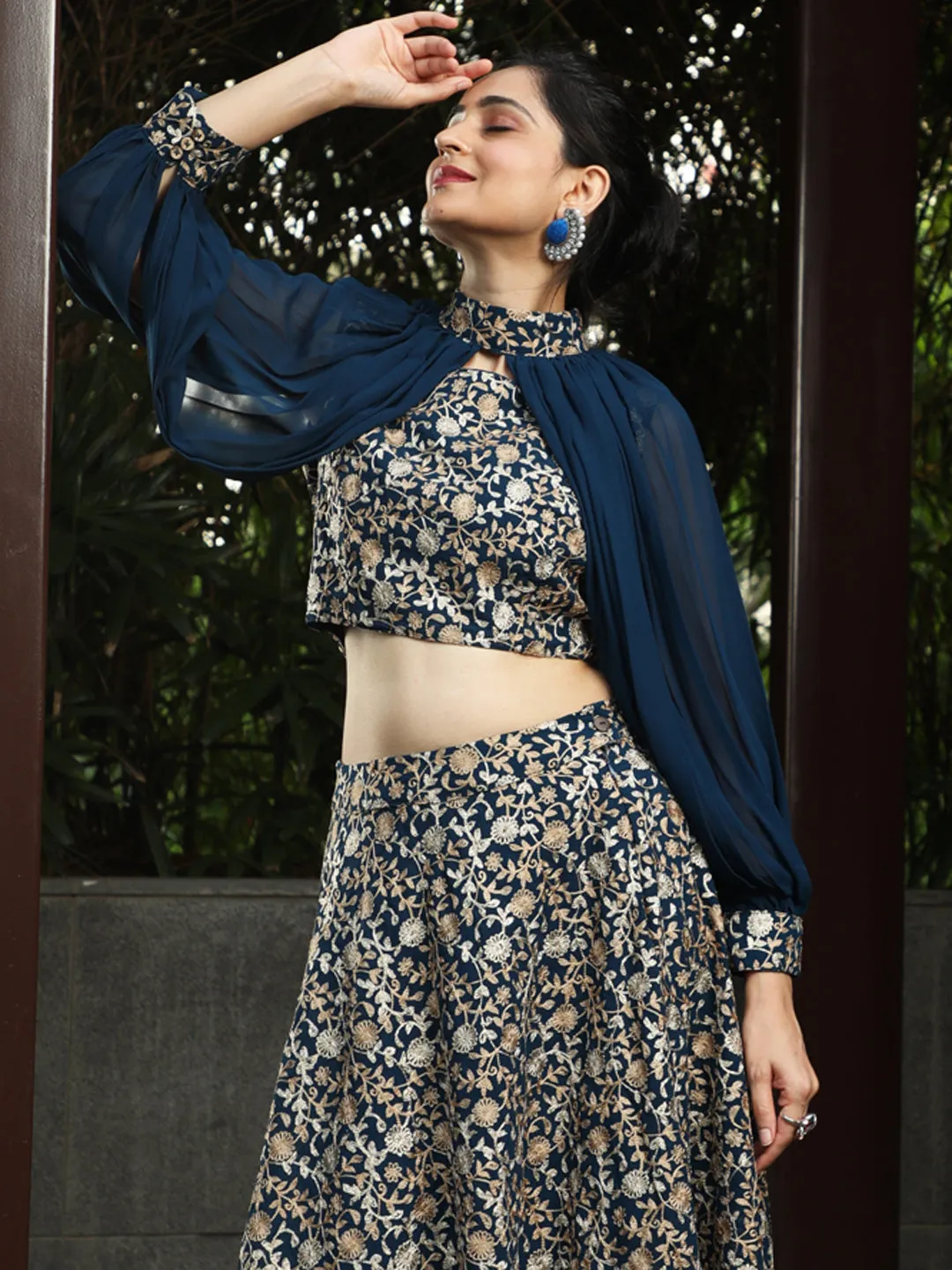 Blue Lehenga Choli With Cape Sleeves