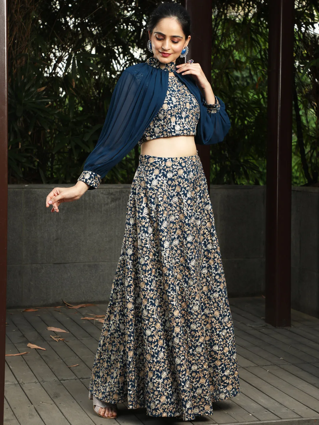 Blue Lehenga Choli With Cape Sleeves