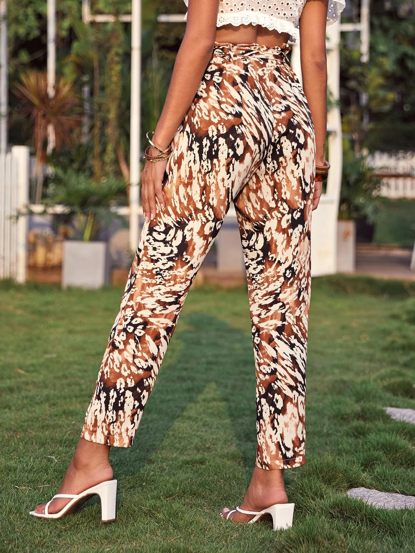 Boho All Over Print Paper Bag Waist High Waist Cropped Women Pants