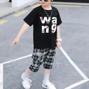 Boy Letter Print T-shirt & Plaid Cropped Pants