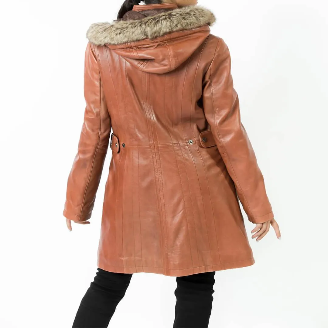 Brown Long Leather Coat with Detachable Shearling Hood