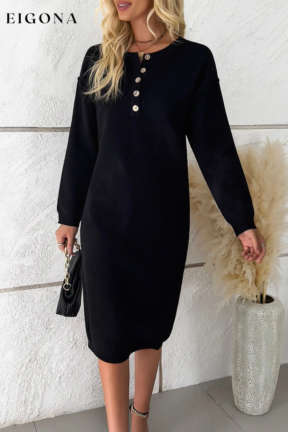 Buttoned Drop Shoulder Sweater Dress, Casual Long Sleeve Dresses