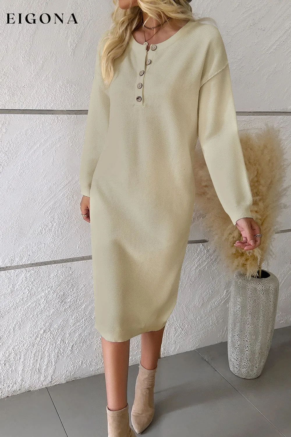 Buttoned Drop Shoulder Sweater Dress, Casual Long Sleeve Dresses
