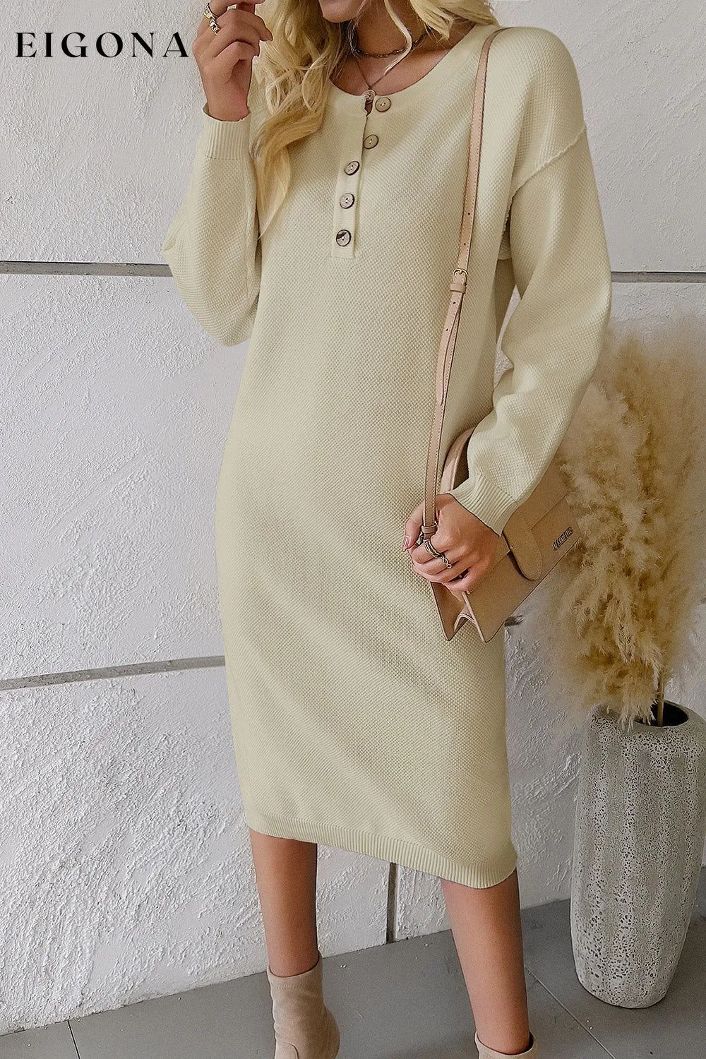 Buttoned Drop Shoulder Sweater Dress, Casual Long Sleeve Dresses
