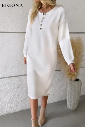 Buttoned Drop Shoulder Sweater Dress, Casual Long Sleeve Dresses