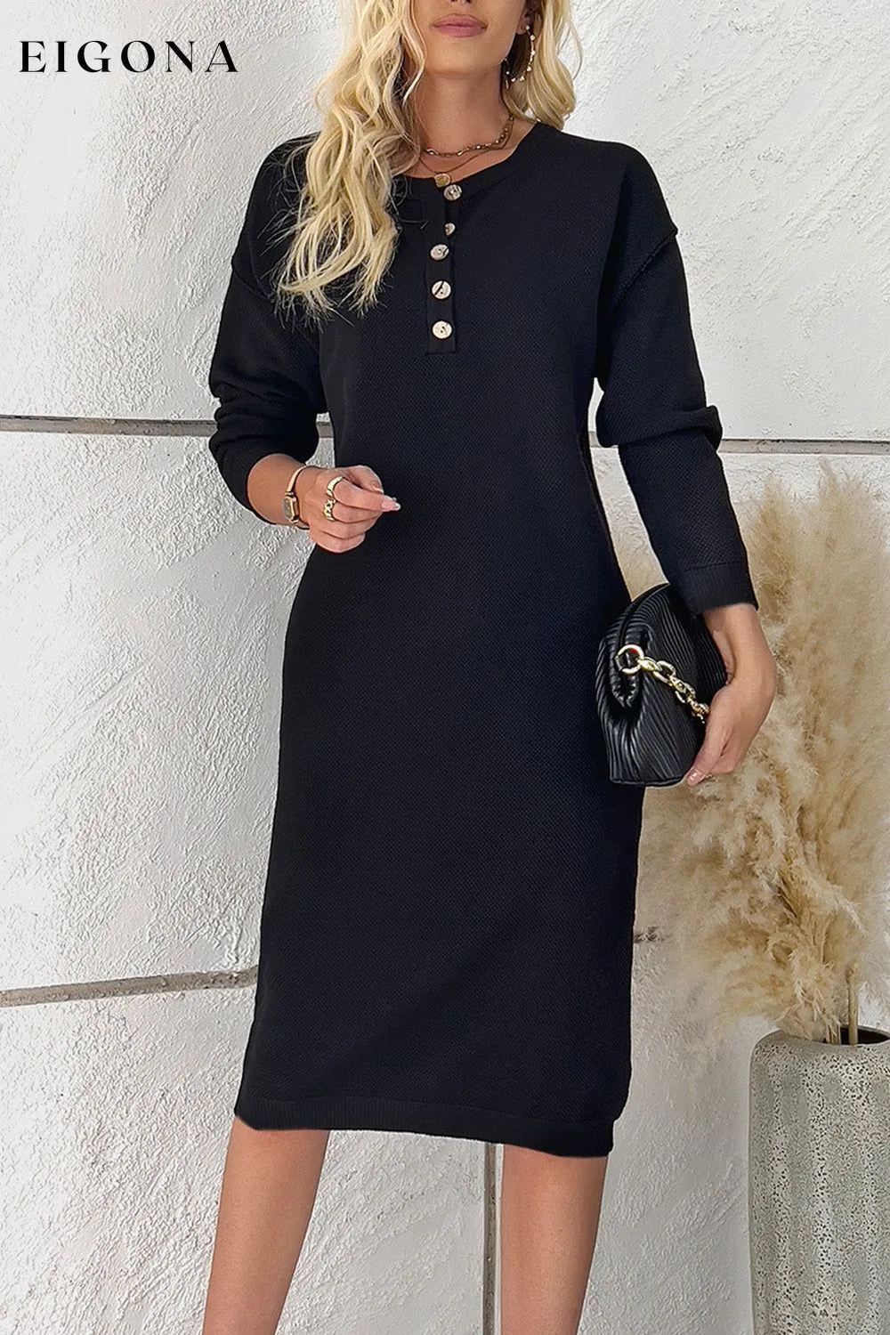 Buttoned Drop Shoulder Sweater Dress, Casual Long Sleeve Dresses