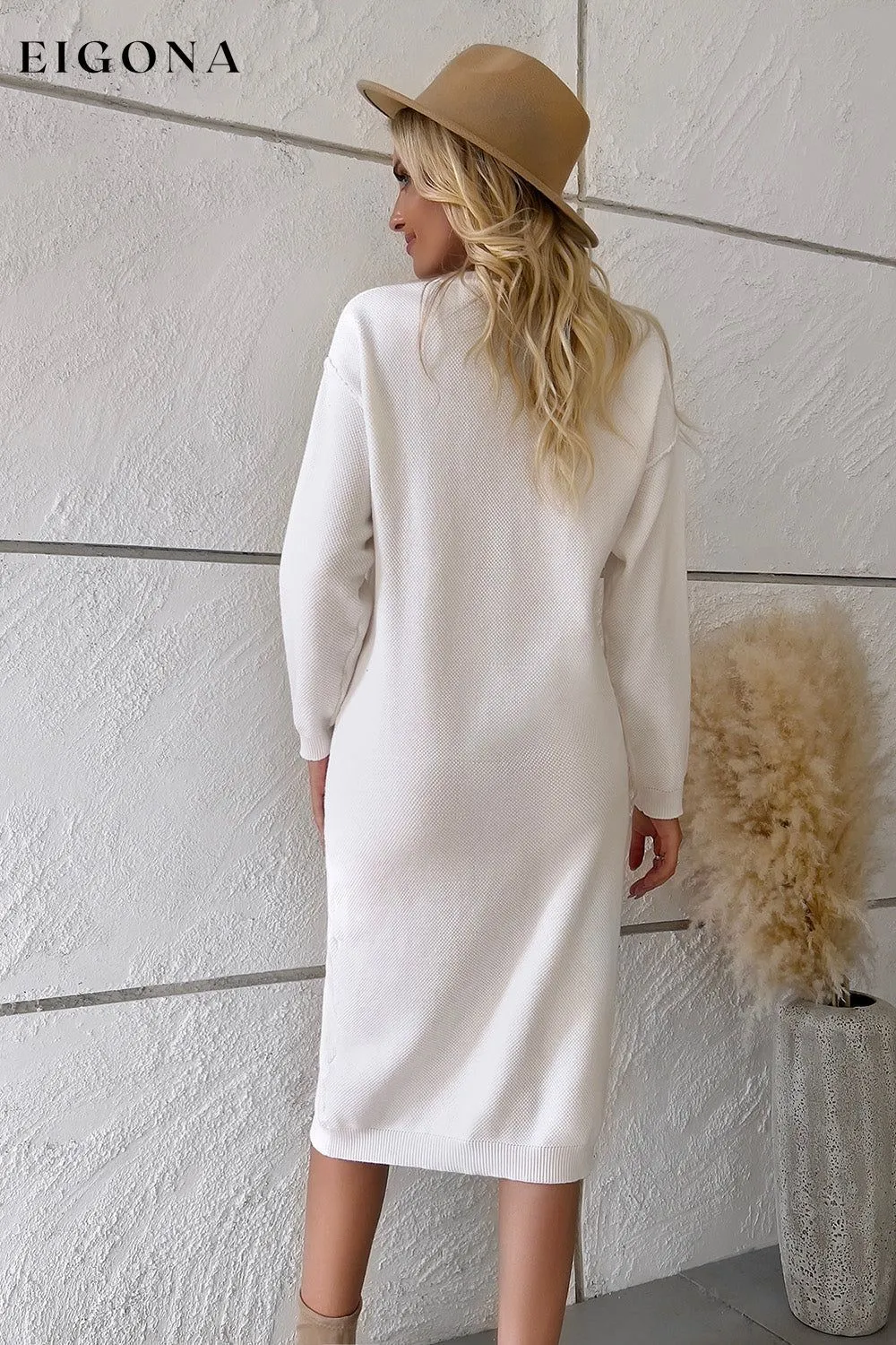 Buttoned Drop Shoulder Sweater Dress, Casual Long Sleeve Dresses