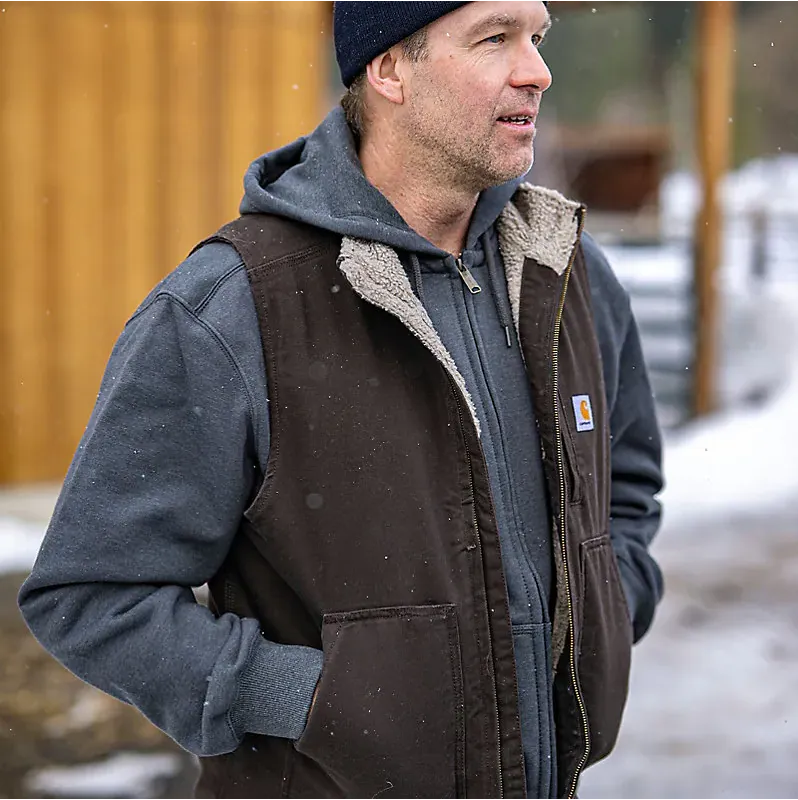 Carhartt Men’s Mock-Neck Sherpa-Lined Vest - Loose Fit - Washed Duck - Dark Brown