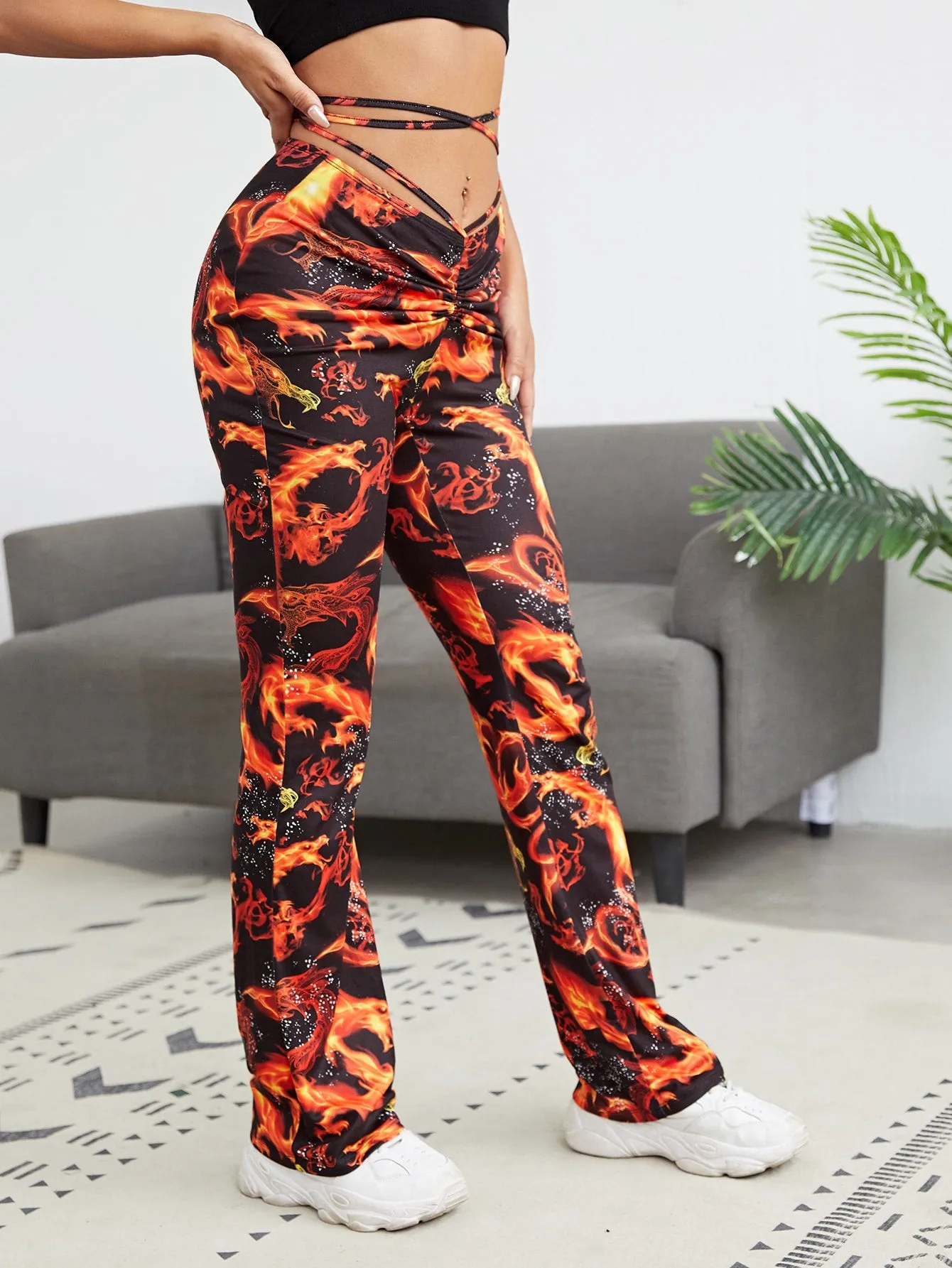 Casual Animal Tie Back Natural Long Women Pants
