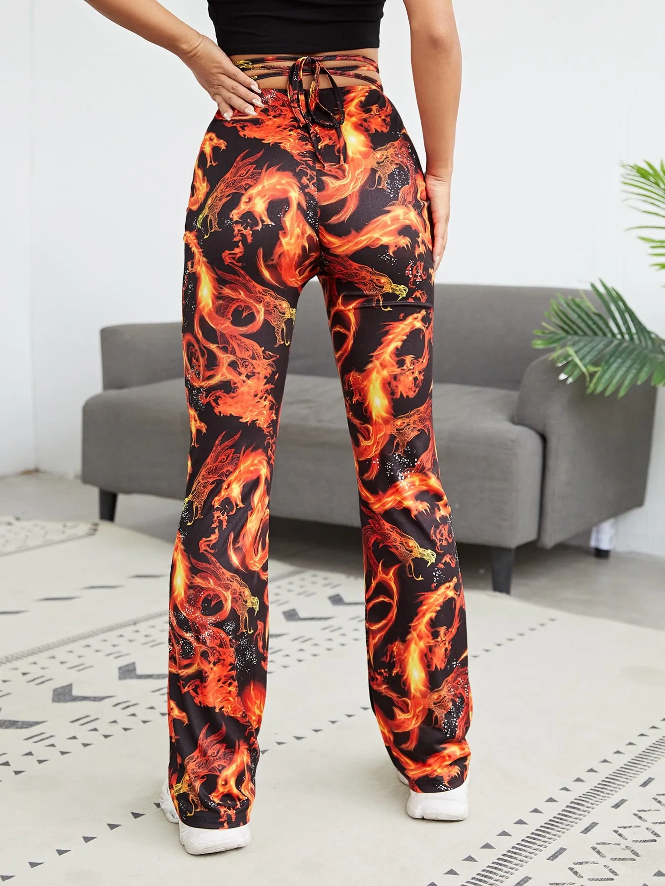 Casual Animal Tie Back Natural Long Women Pants