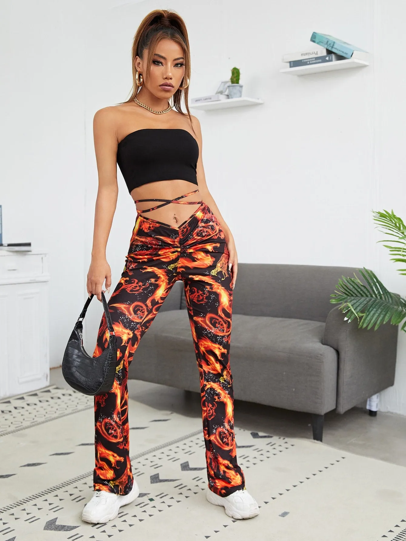 Casual Animal Tie Back Natural Long Women Pants