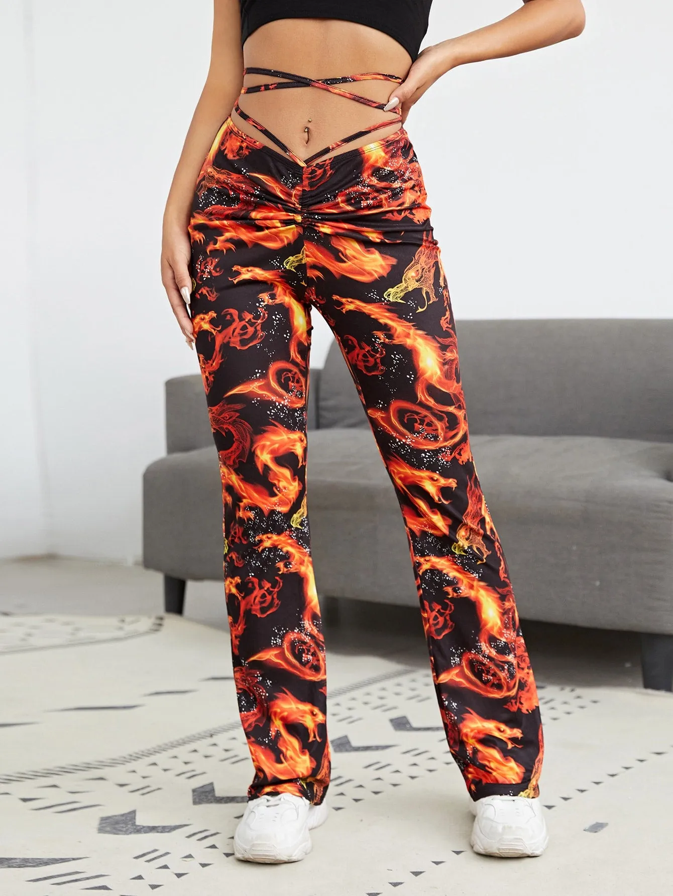 Casual Animal Tie Back Natural Long Women Pants