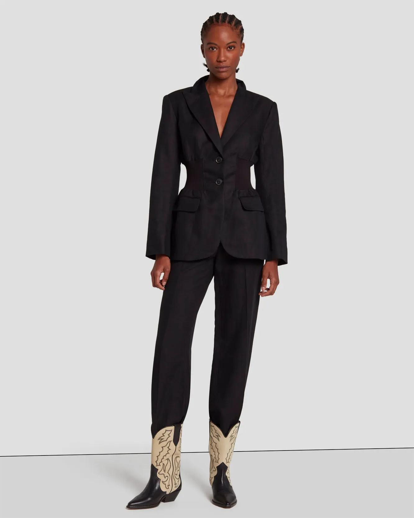 Cinched Waist Linen Blazer in Black
