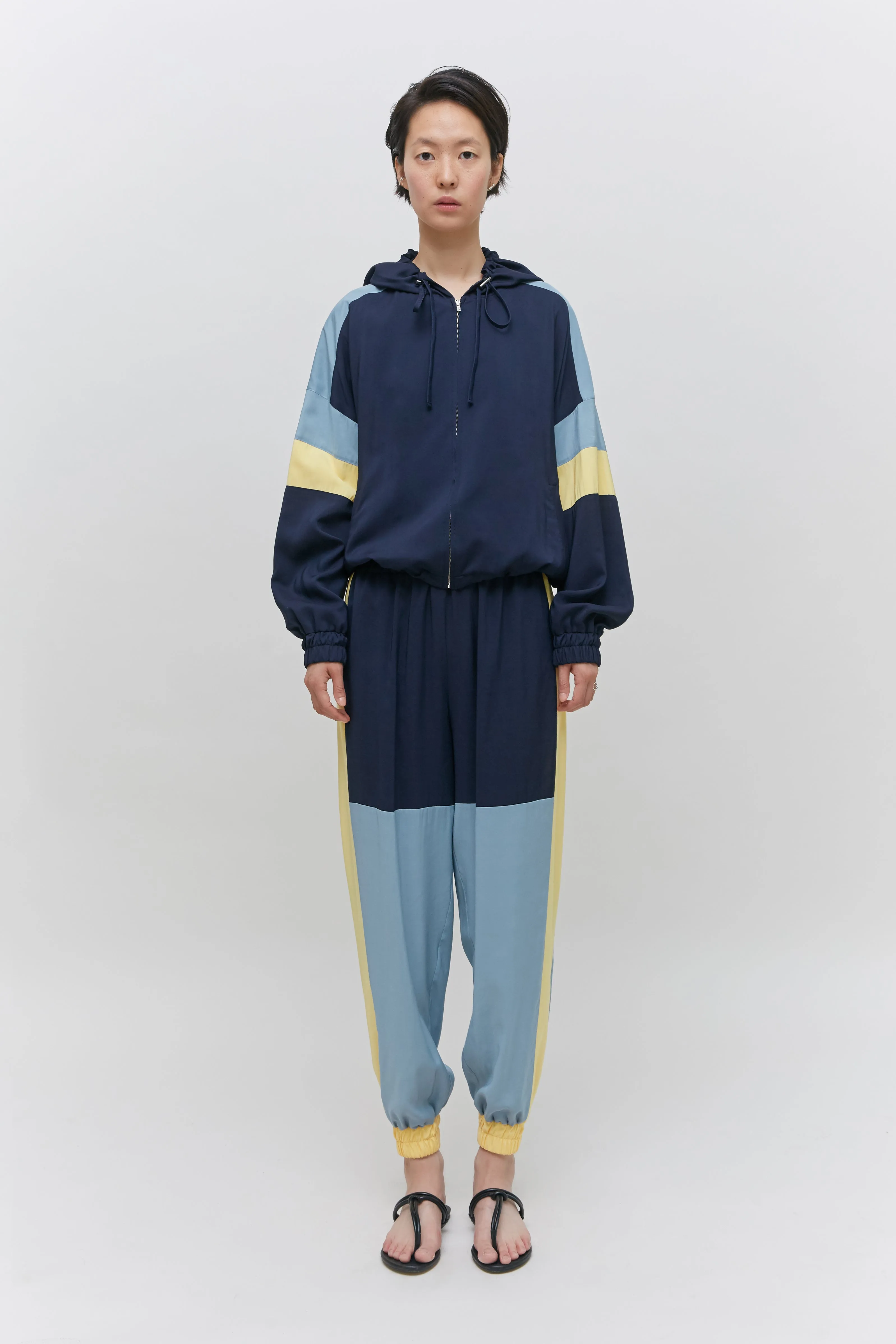 Color blocked hooded track jumper