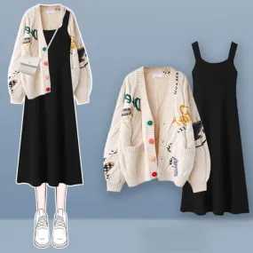 Colorful Embroidery Cardigan Sweater Slip Dress Set