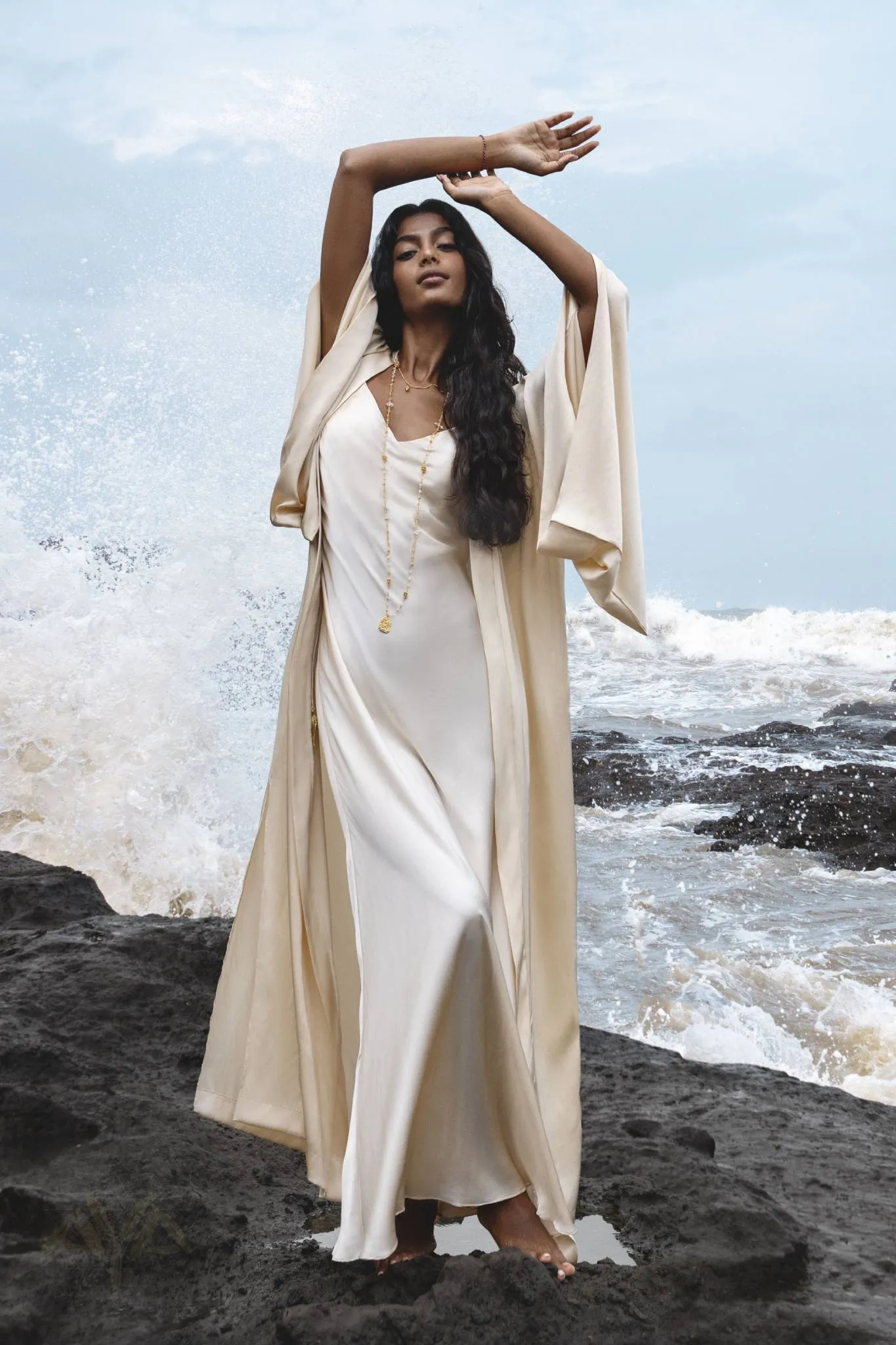 Cream Silk Kimono Cover Up • Wide Sleeve Bohemian Cardigan