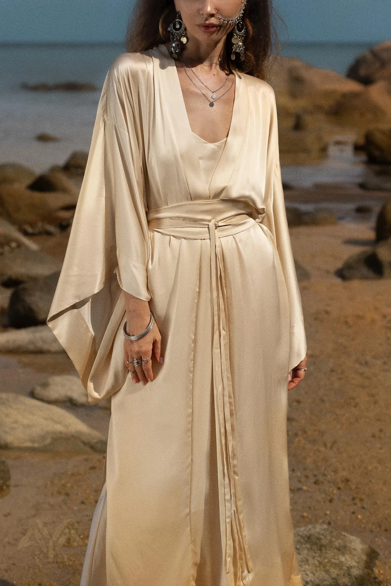 Cream Silk Kimono Cover Up • Wide Sleeve Bohemian Cardigan
