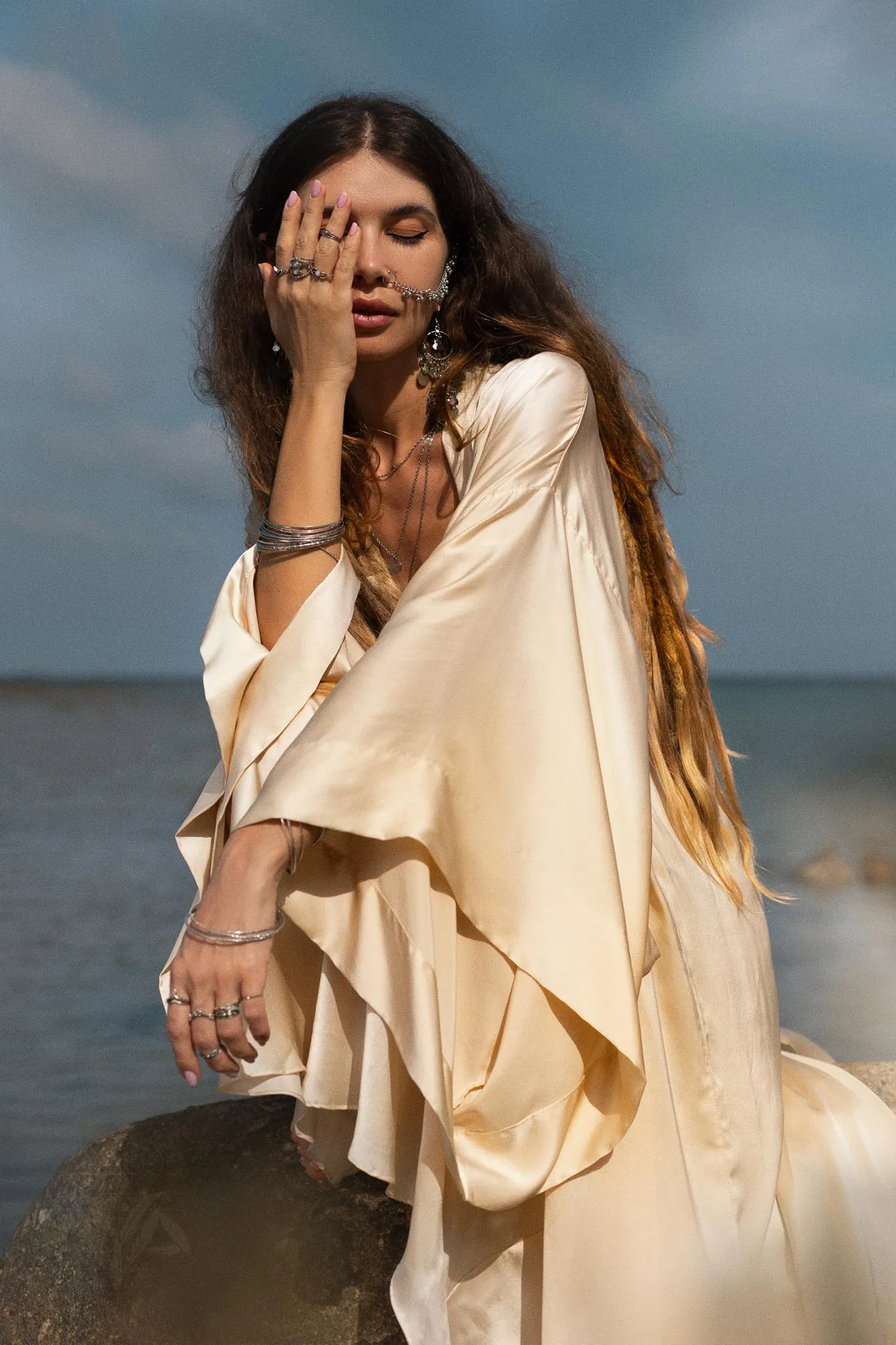 Cream Silk Kimono Cover Up • Wide Sleeve Bohemian Cardigan