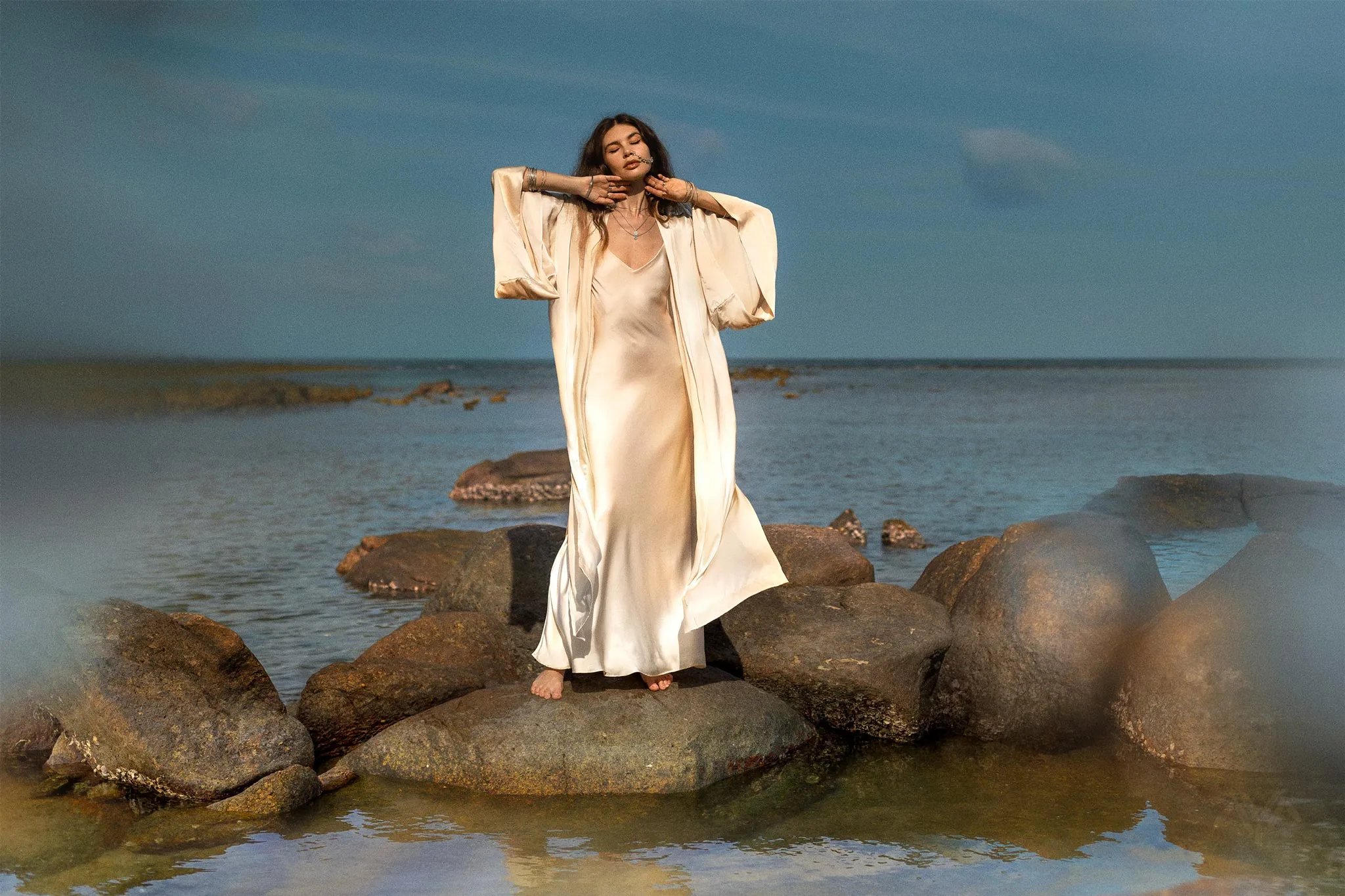 Cream Silk Kimono Cover Up • Wide Sleeve Bohemian Cardigan