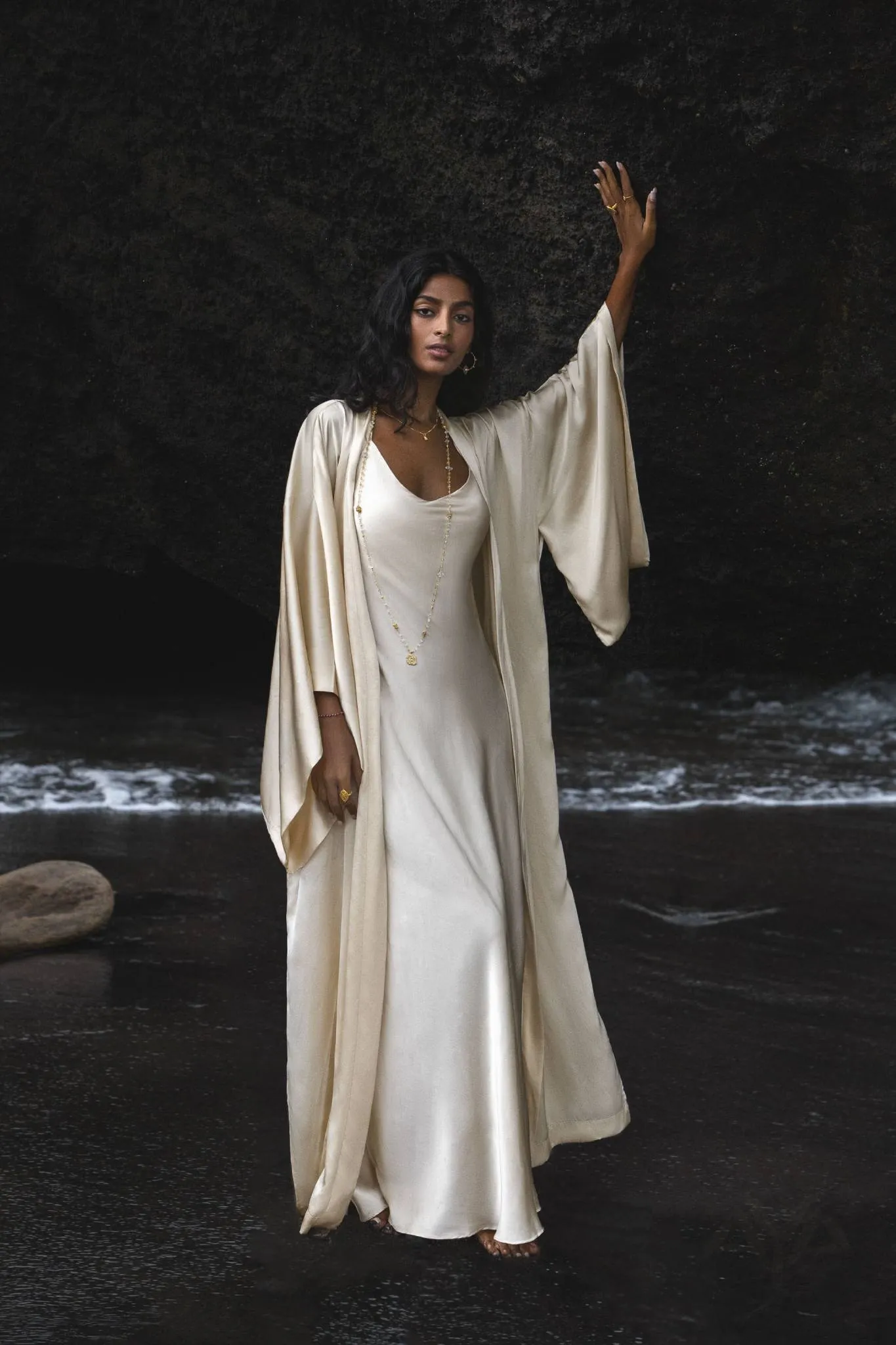 Cream Silk Kimono Cover Up • Wide Sleeve Bohemian Cardigan