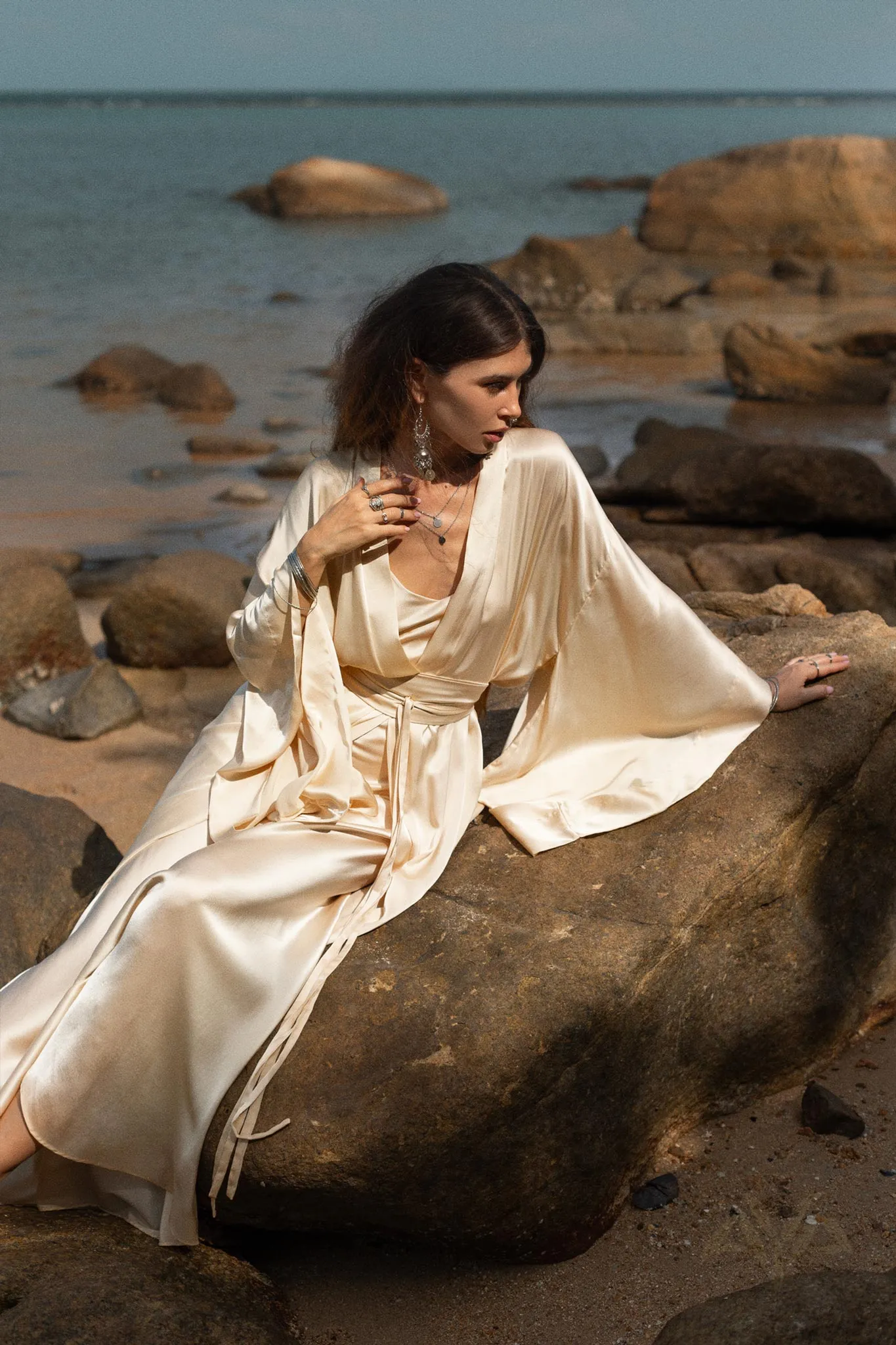 Cream Silk Kimono Cover Up • Wide Sleeve Bohemian Cardigan