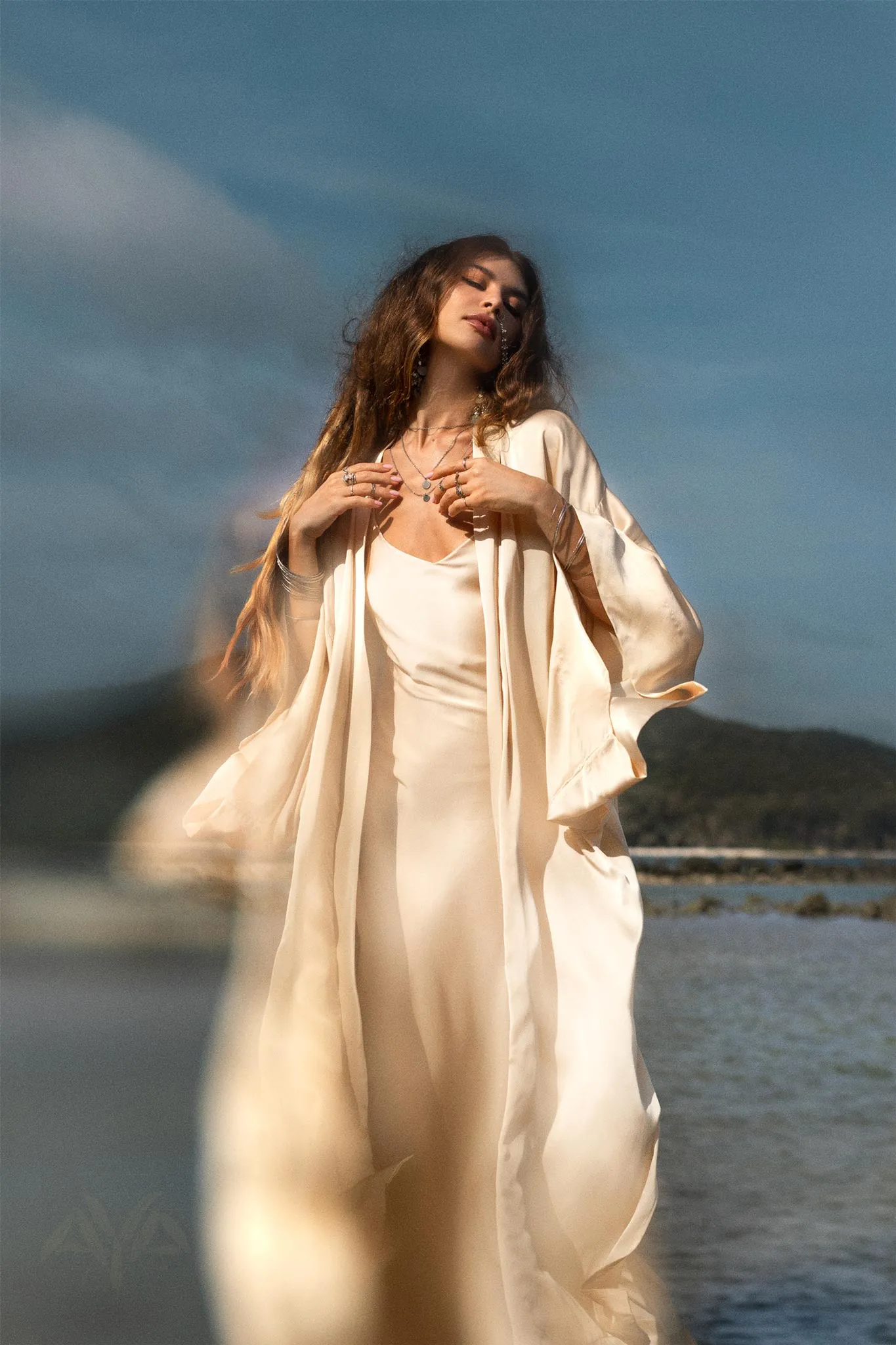 Cream Silk Kimono Cover Up • Wide Sleeve Bohemian Cardigan