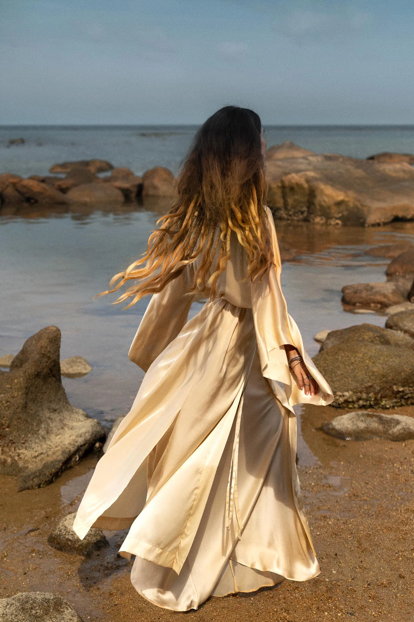 Cream Silk Kimono Cover Up • Wide Sleeve Bohemian Cardigan