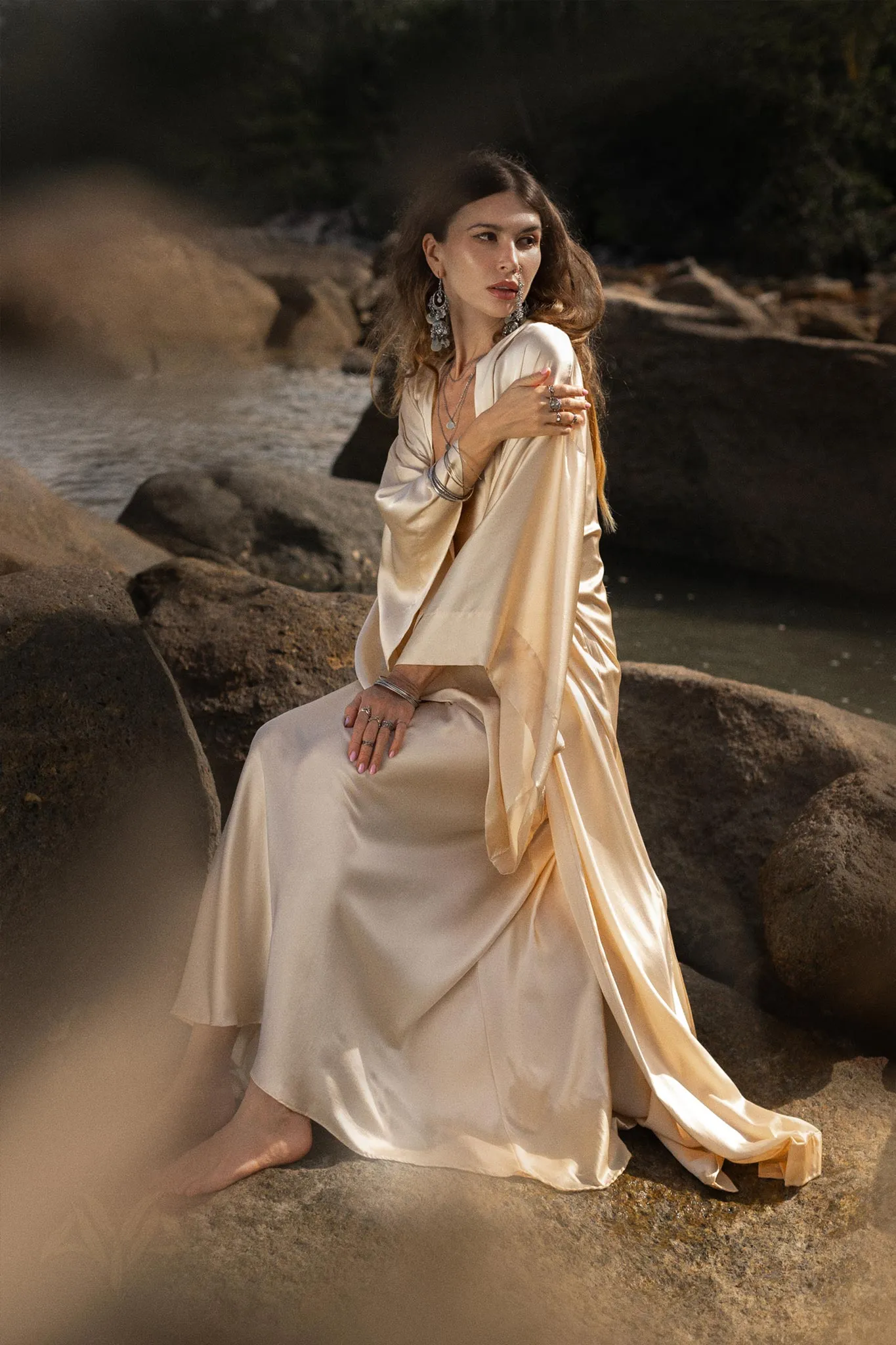 Cream Silk Kimono Cover Up • Wide Sleeve Bohemian Cardigan