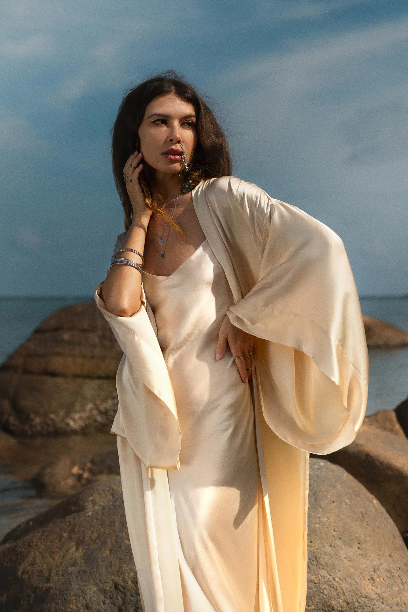 Cream Silk Kimono Cover Up • Wide Sleeve Bohemian Cardigan