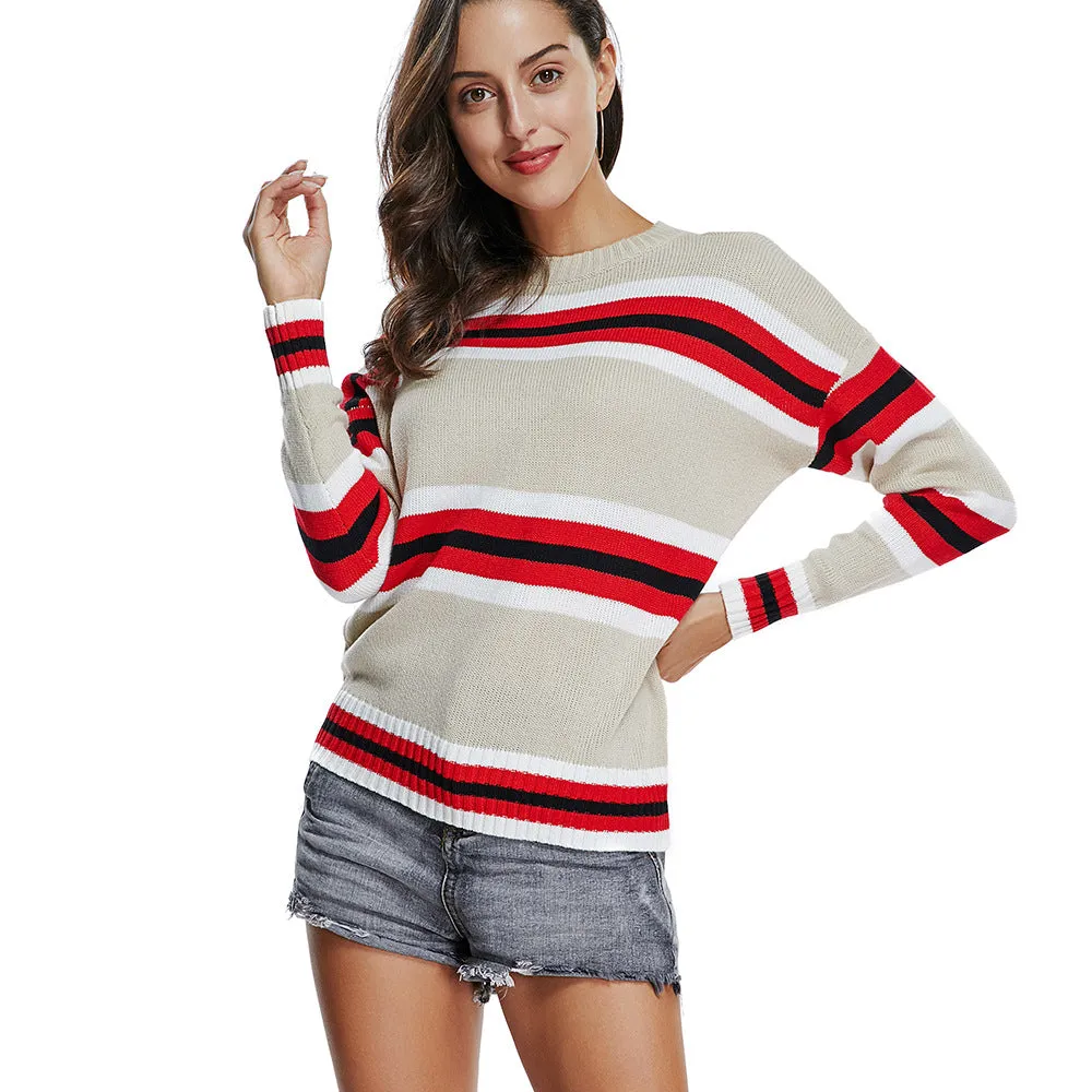 Crew Neck Stripes Women Casual Pullover Sweater