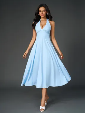 Deep V-Neck Halter Ruched Back Solid Dress