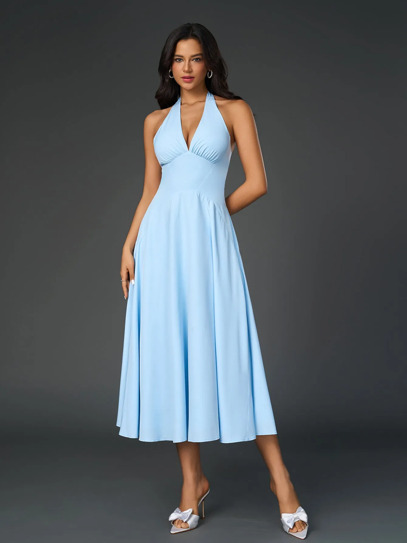 Deep V-Neck Halter Ruched Back Solid Dress