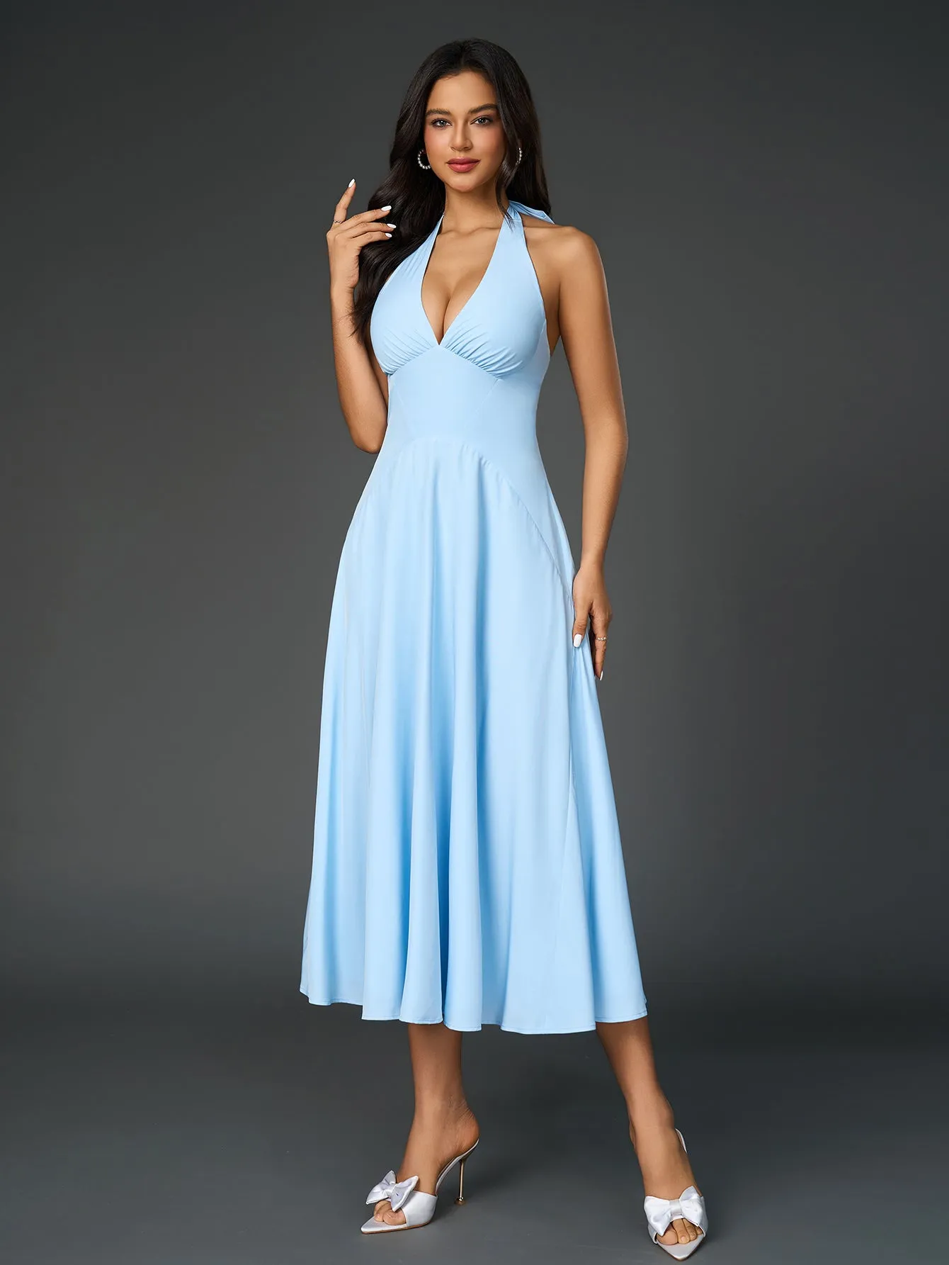 Deep V-Neck Halter Ruched Back Solid Dress