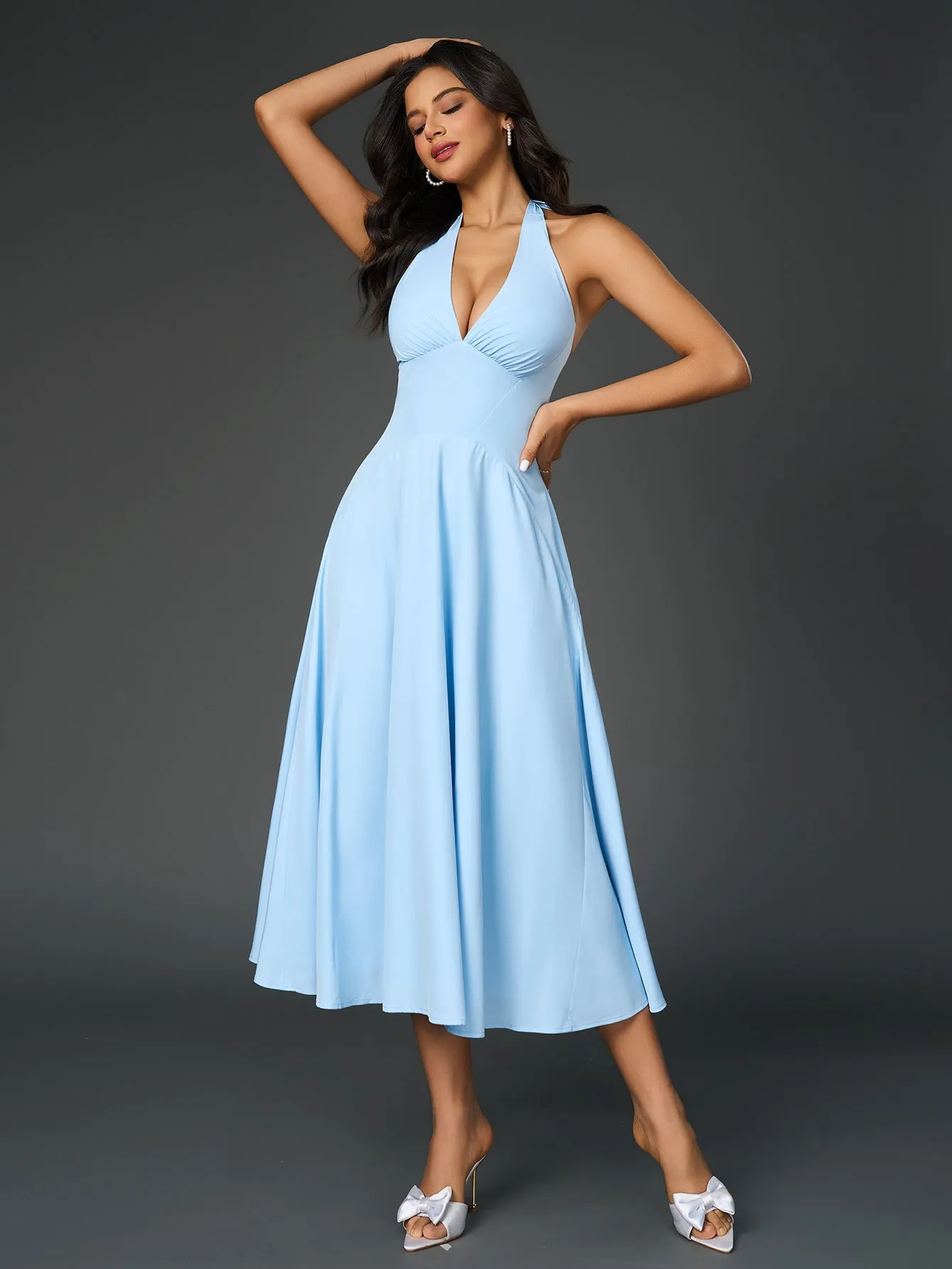 Deep V-Neck Halter Ruched Back Solid Dress