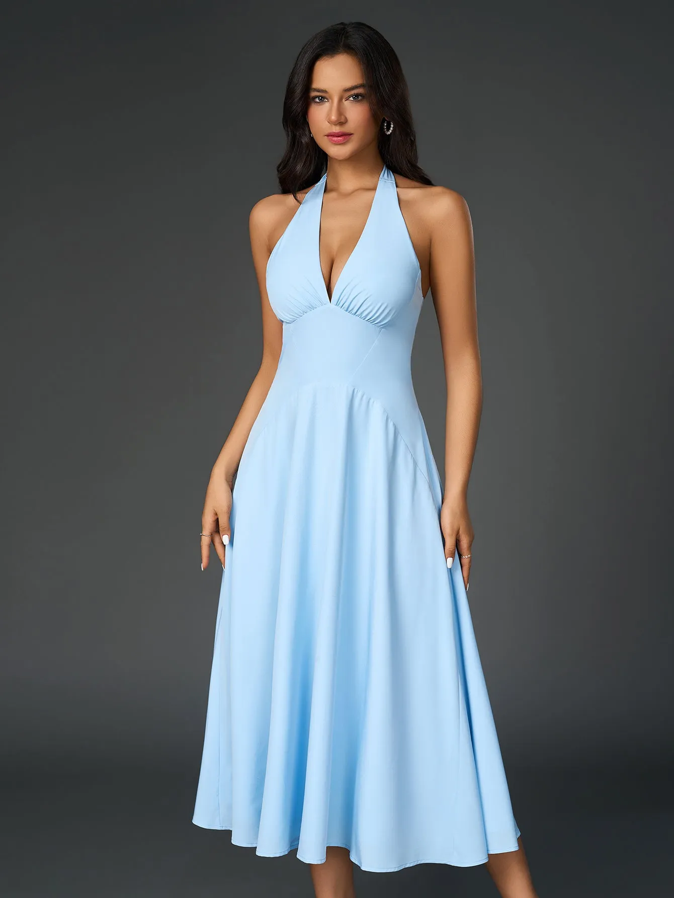 Deep V-Neck Halter Ruched Back Solid Dress