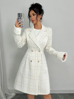 Elenzya White Woolen Blend Long Sleeve Double-Breasted Gold Button Cinched Waist Cuff Fur Trim Fitted Knee Length Coat