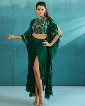 Emerald Green Cape With Blouse And Skirt