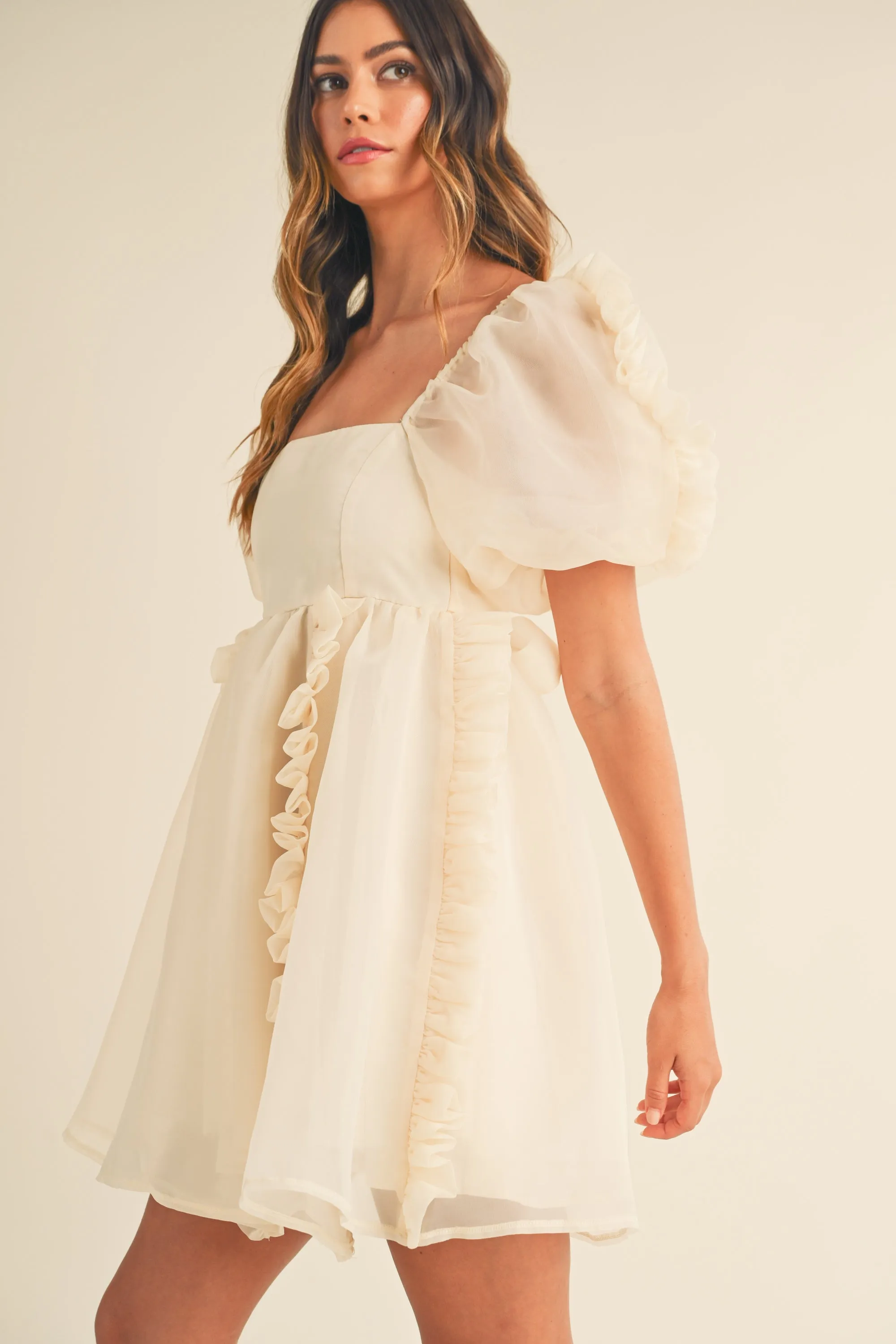FAUSTINE SQUARE NECK RUFFLE MINI DRESS