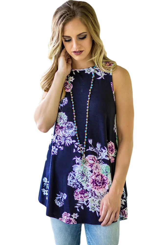 Floral Print High Neck Tank Top (Curvy)
