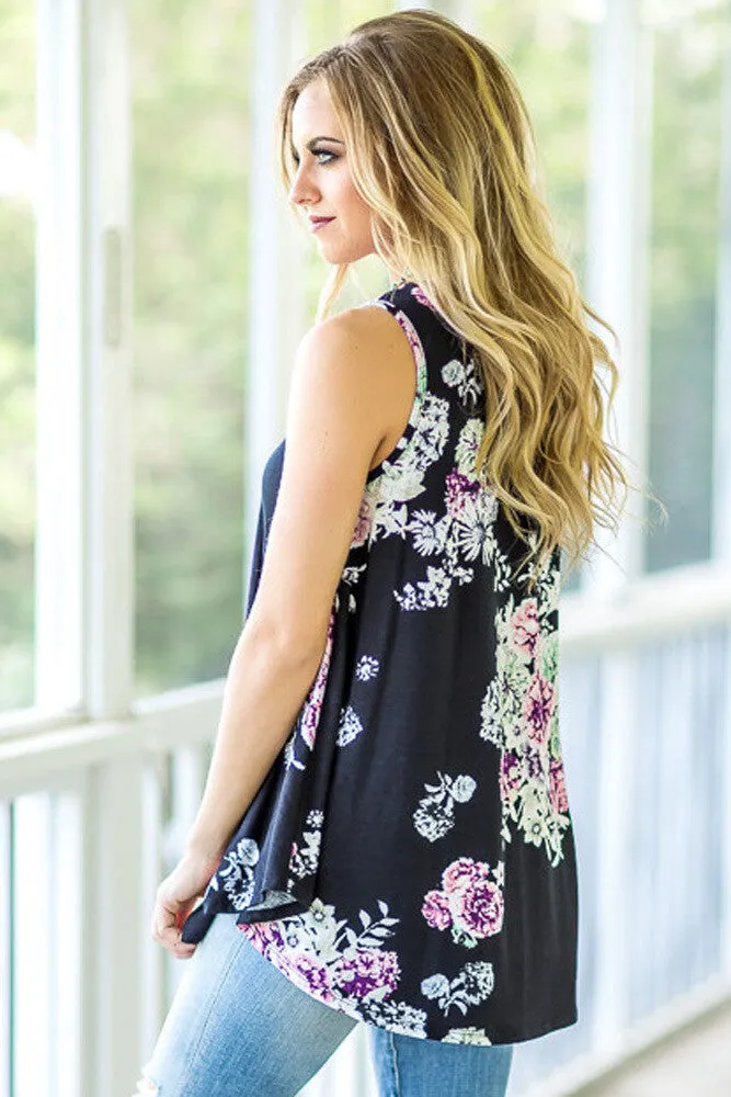 Floral Print High Neck Tank Top (Curvy)